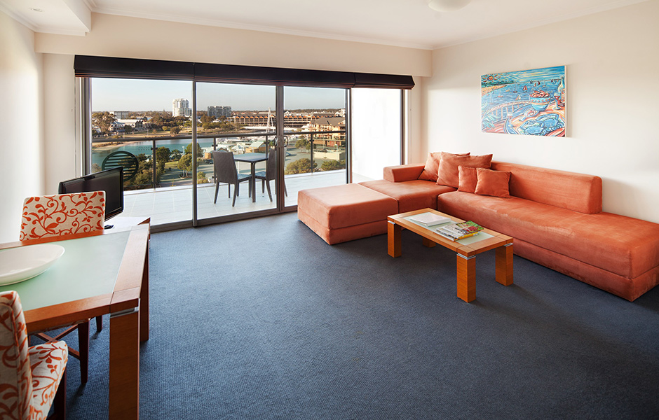 One Bedroom Apartment Lounge with Marina Views